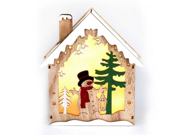 Iris Faház alakú hóember mintás/18,5x21cm/meleg fehér LED-es fa fénydekoráció 