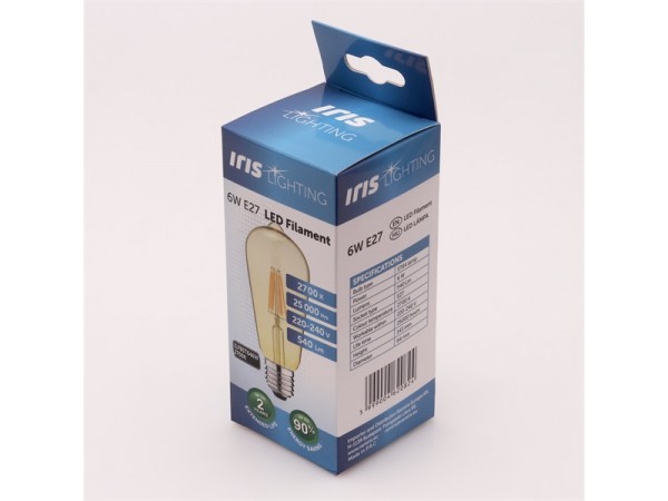 Iris Lighting Filament Bulb Longtip E27 ST64 6W/2700K/540lm aranyszínű LED fényforrás 