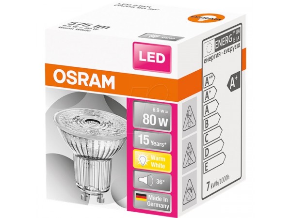 Osram Star PAR16 üveg ház/6,9W/575lm/2700K/GU10/230V/36fok/83lm/W LED spot izzó 