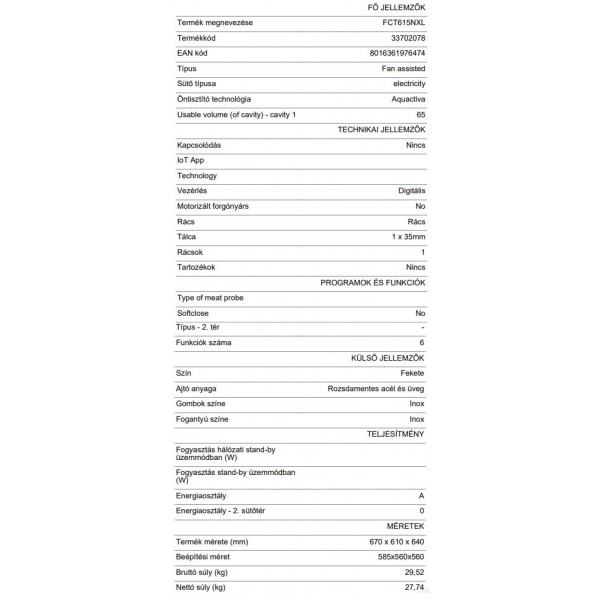 Candy FCT615NXL Elektromos sütő