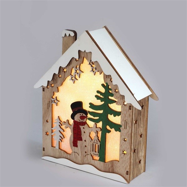 Iris Faház alakú hóember mintás/18,5x21cm/meleg fehér LED-es fa fénydekoráció 