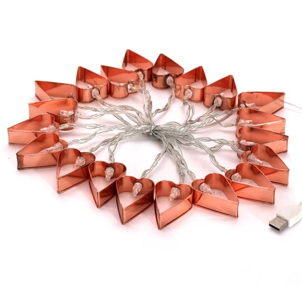 Szív alakú fém/4m/meleg fehér/20db LED-es/USB-s fénydekoráció 