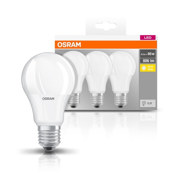 Osram Base matt műanyag búra/8,5W/806lm/2700K/E27/dobozos LED körte izzó 3 db 
