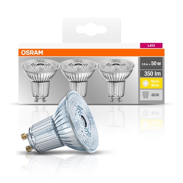 Osram Base PAR16 műanyag ház/4,3W/350lm/2700K/GU10/dobozos LED spot izzó 3 db 