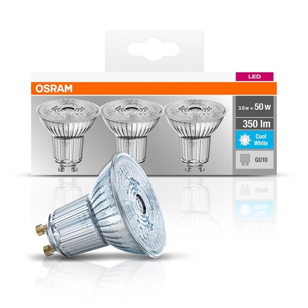 Osram Base PAR16 műanyag ház/4,3W/350lm/4000K/GU10/dobozos LED spot izzó 3 db 