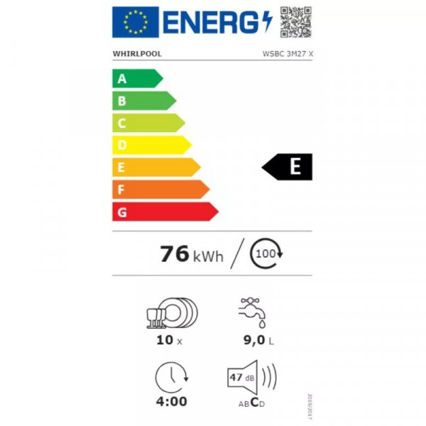 Whirlpool WSBC 3M27 X Beépíthető mosogatógép, bútorlap nélkül 10 teríték, 9 L fogyasztás, 6 program